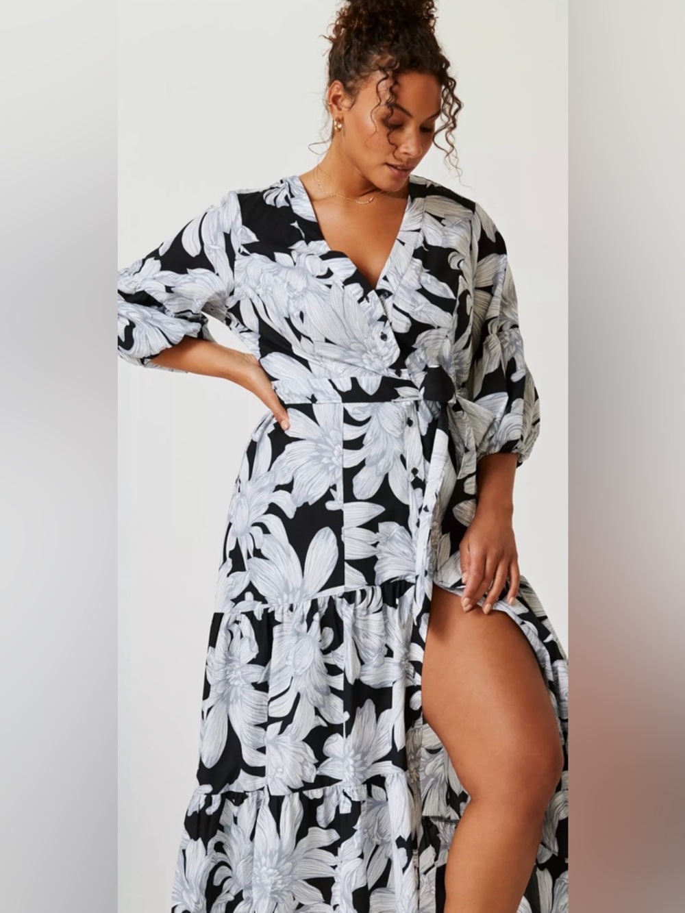 Maeve Anthropologie Floral Midi Dress Size 12 Black White Wrap Tiered NWOT Boho - Picture 2 of 16